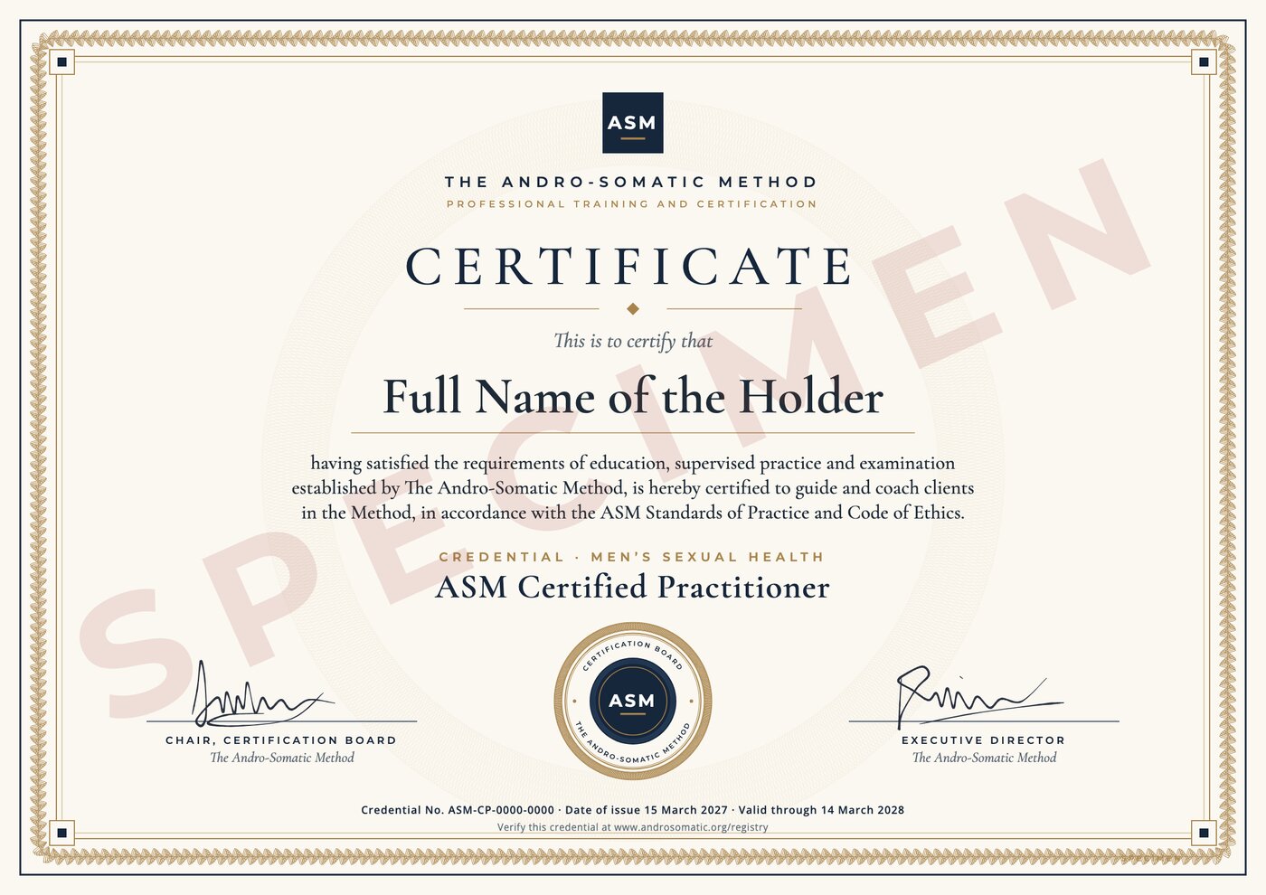 Specimen of the ASM Certified Practitioner certificate
